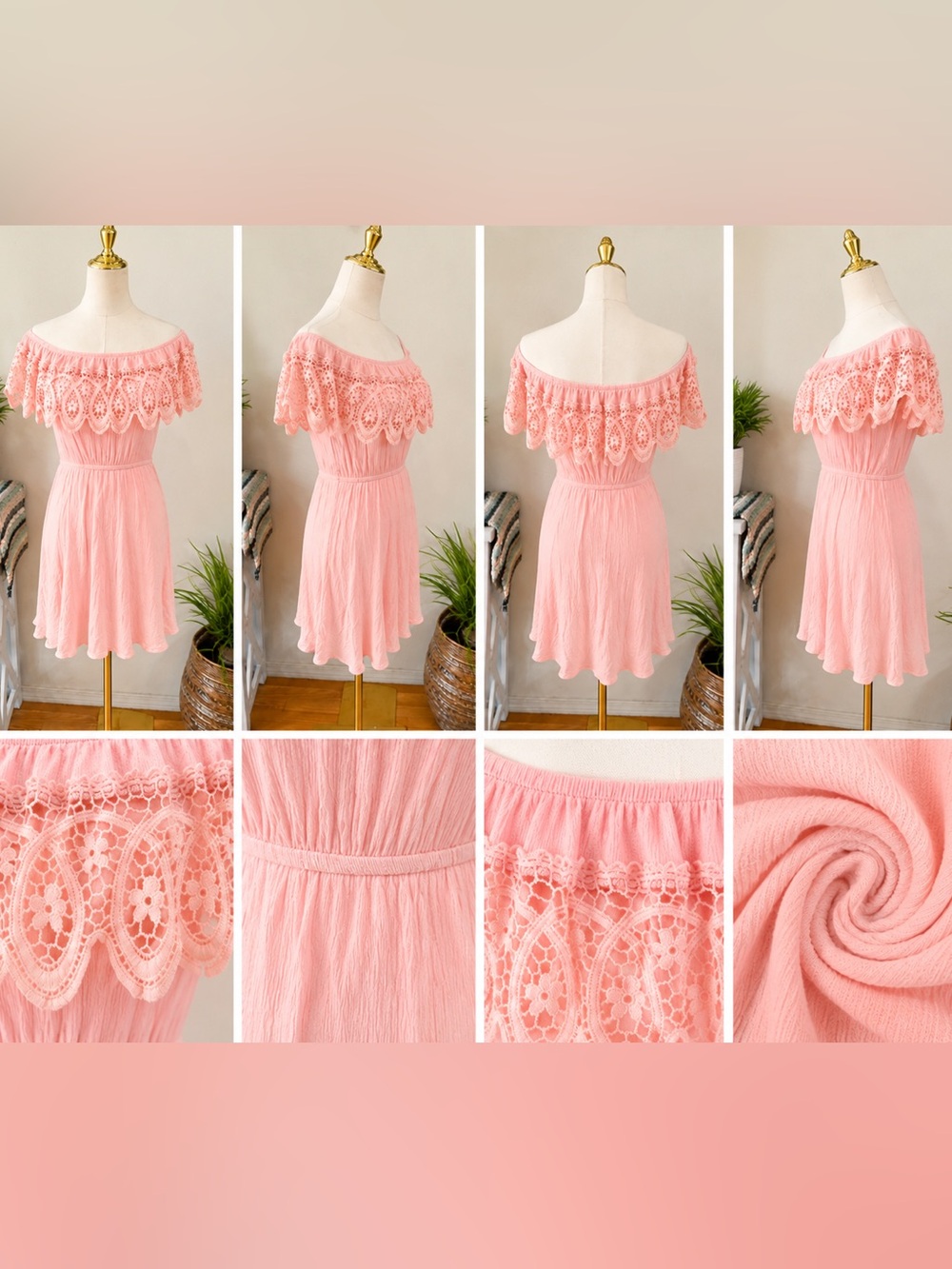 🌸 Blush Pink Boho Boutique Lace Dress | Off Shoulder | Size Small